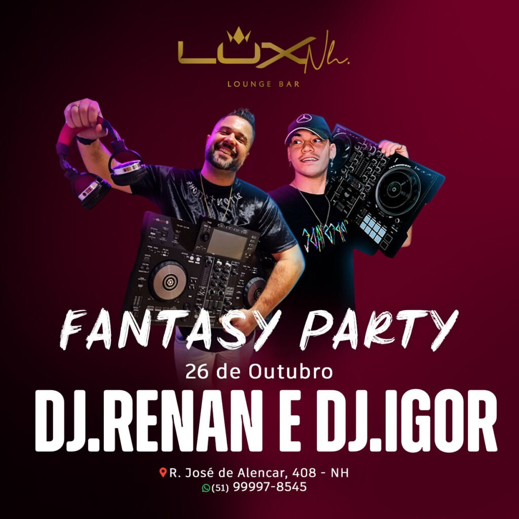 Prepare-se para a FANTASY PARTY no Lux Lounge Bar em Novo Hamburgo! Neste sábado, 26/10, DJs ReNaN e Igor, junto com o Show da Sra OUSE+, vão transformar a noite em uma celebração inesquecível. Venha vestido com sua melhor fantasia e concorra a prêmios incríveis! Aproveite ingressos antecipados com desconto via WhatsApp: (51) 98180-0215. E tem mais: sorteio de cortesia para a Lance Livre! Não perca essa festa épica.